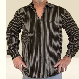 Giorgio Armani, 100% cotton button-down shirt, black with gold stripes ￼…